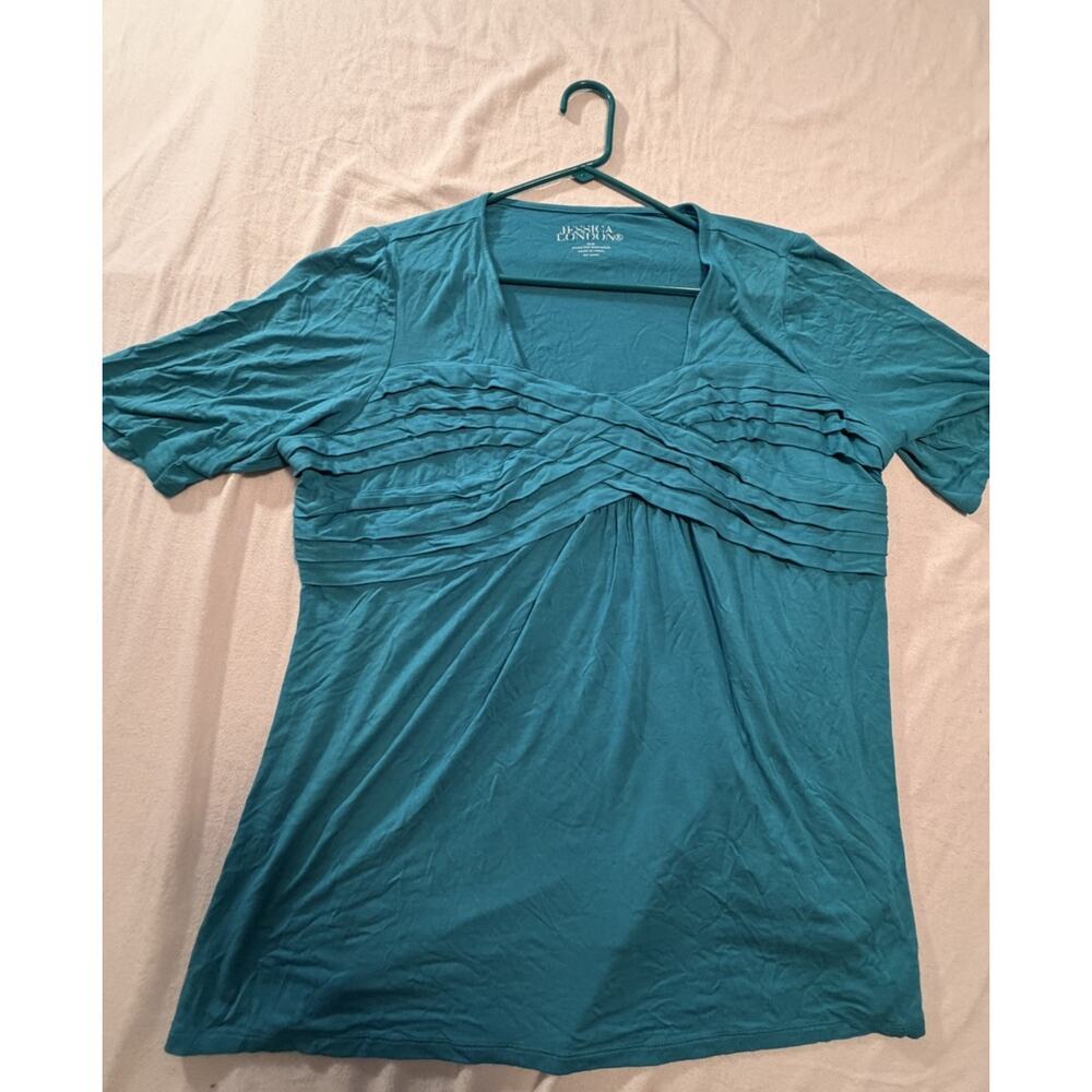 Jessica London Teal Pleated V-Neck Tunic Blouse Short Sleeve Plus Size 18/20